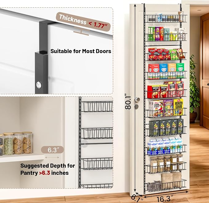 ElegantArray 10-Tier Pantry Door Oragnizer, Over The Door Pantry Organizer Rack and Storage, Hanging Spice Rack Shelves Door, Home Office Laundry Room Bathroom & Kitchen Organization, Black