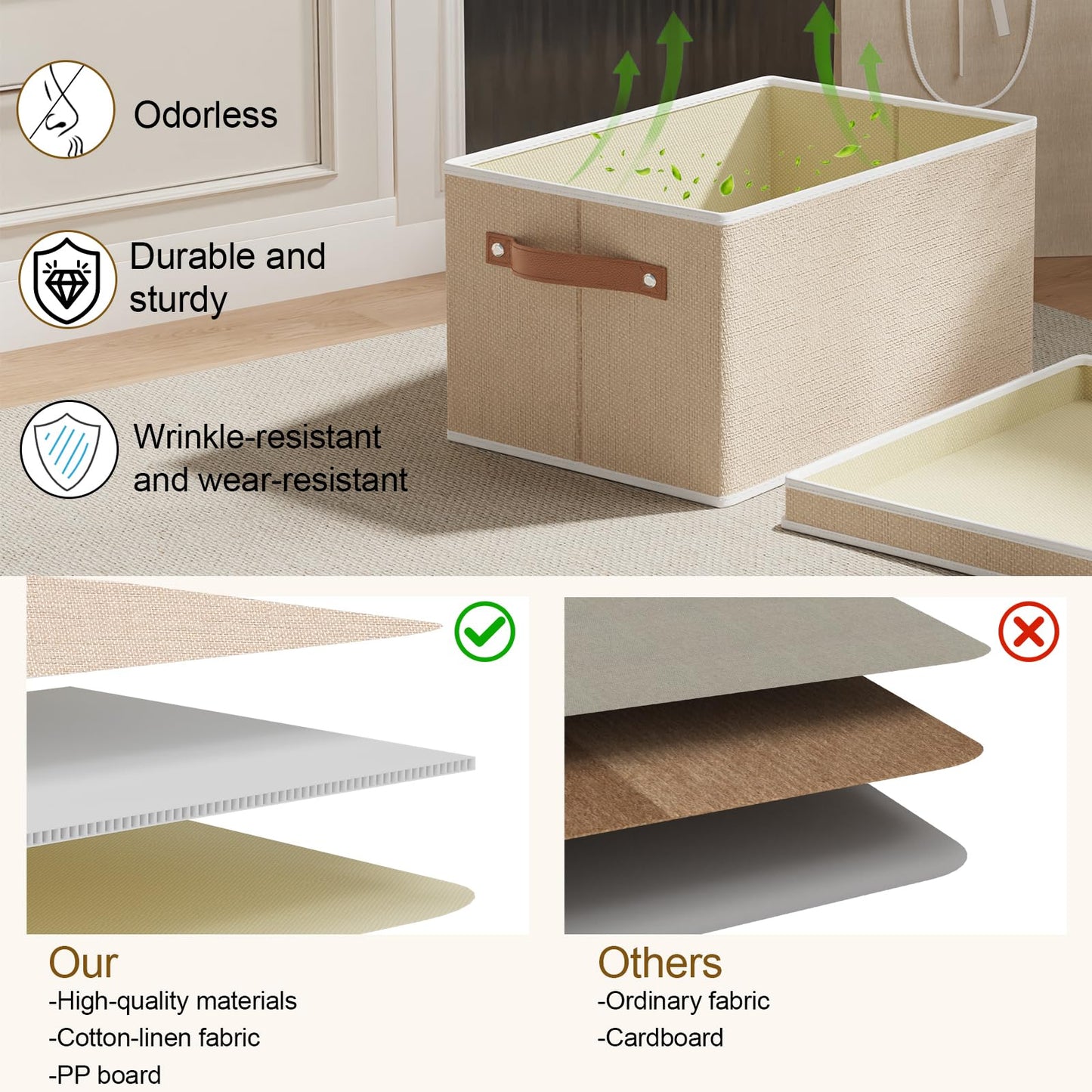 YheenLf Foldable Storage Bin, 10.2×7.8×6.7 Inch Storage Box with Lid, Closet Organizer for Organizing with Handles, Beige, 1-Pack