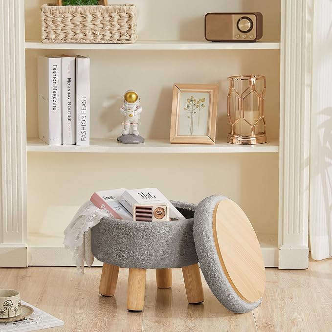 Small Foot Stool Ottoman with Storage, Sherpa Ottoman Foot Rest for Couch, Round Footstool with Storage, Small Ottomans and Footstools for Living Room and Entryway (Light Gray)