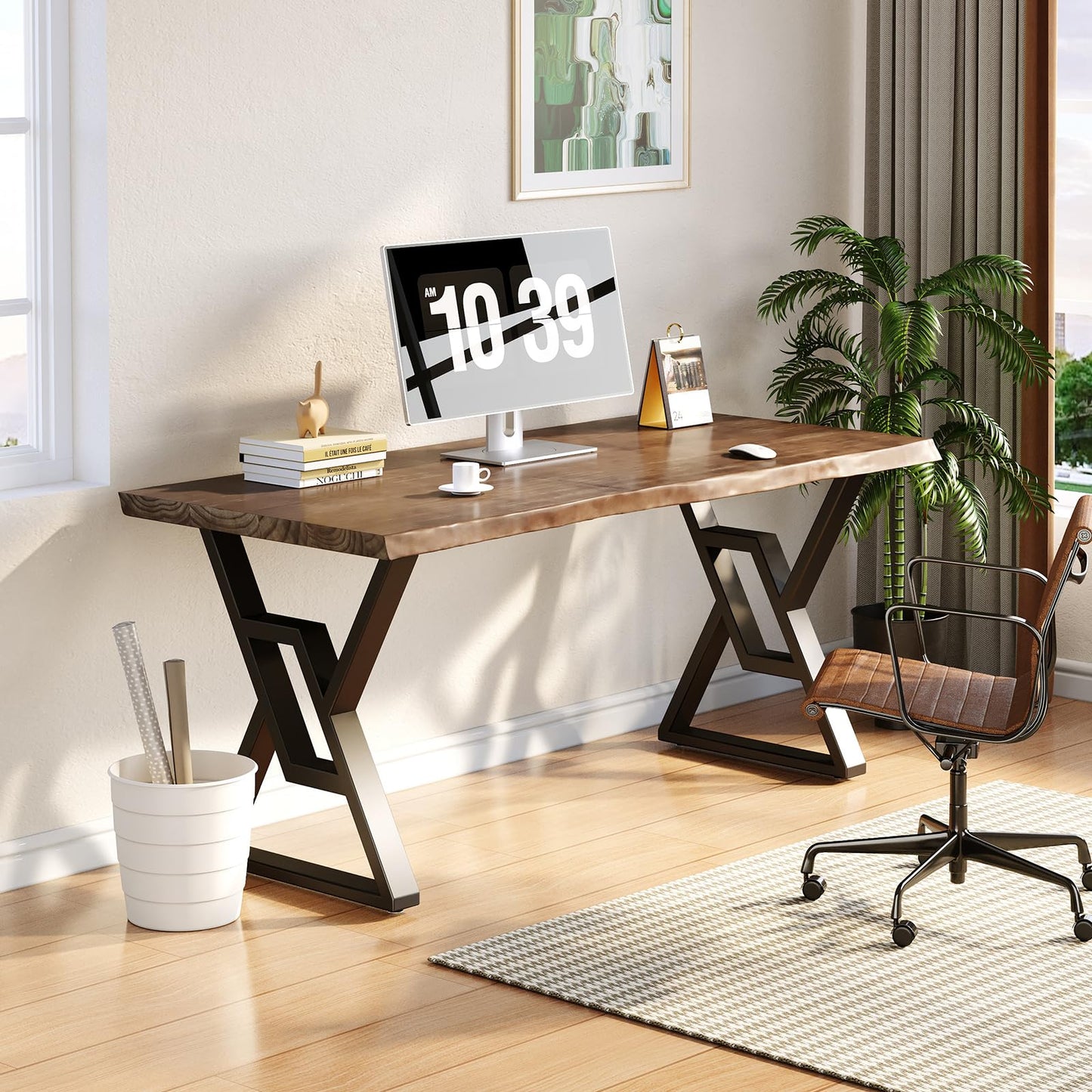 QZYJKJ 55inch Rustic Brown Solid Wood Computer Desk - Modern Gaming Workbench for Home Office, Modern Simple Design, Ideal for Study, Writing, Dining