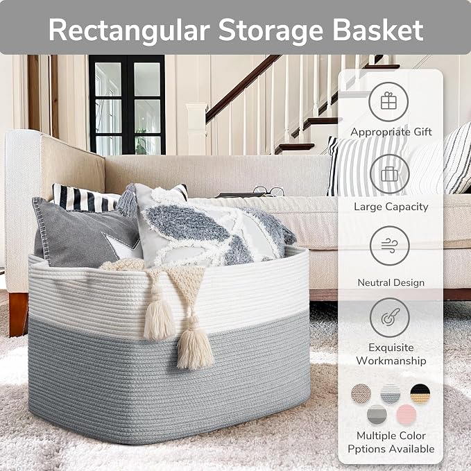 Goodpick Large Blanket Storage Baskets for Organizing, Woven Basket for Blankets, Clothes, Toy Basket Storage Kids, Rectangle Rope Baskets for Storage, 23.6" x 15.7" x 13.8"