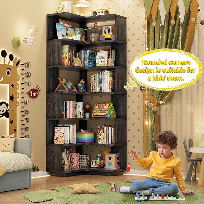 Armocity Corner Book Shelf - 7 Tier Corner Bookshelf Etagere Bookcase with Baffle, Freestanding L Shaped Display Shelf Stand for Home Office, Living Room, Bedroom, Kitchen, Grey Oak