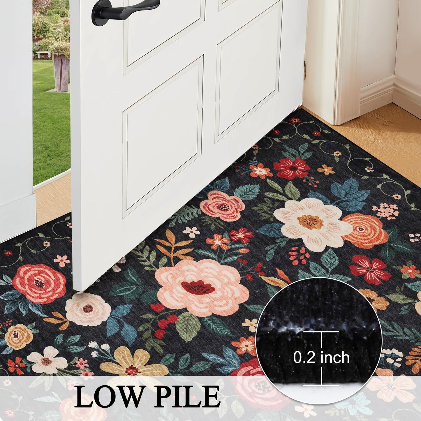 DUKINO 2x3 Rugs for Entryway, Floral Indoor Washable Door Mat, Non Slip Boho Small Rug for Kitchen, Soft Low Pile, Front Door Throw Rug for Entrance, Bedroom, Kitchen, Laundry, Bathroom, Black