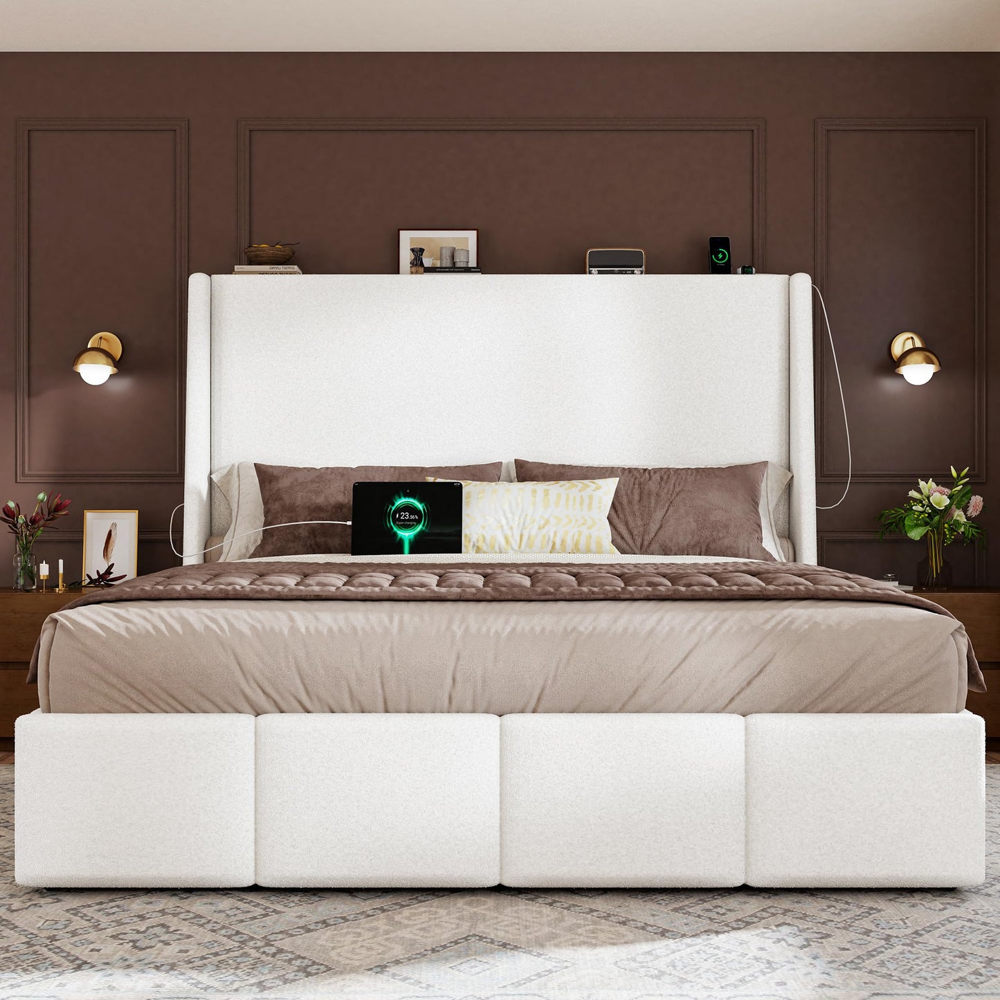 LARMACE Queen Size Bed Frame 54.2" Extra Tall Wingback Headboard, Lambswool Upholstered Platform Bed Frame with Legs Featuring Built-in Charging Ports, Wood Slats, No Box Spring Needed, White