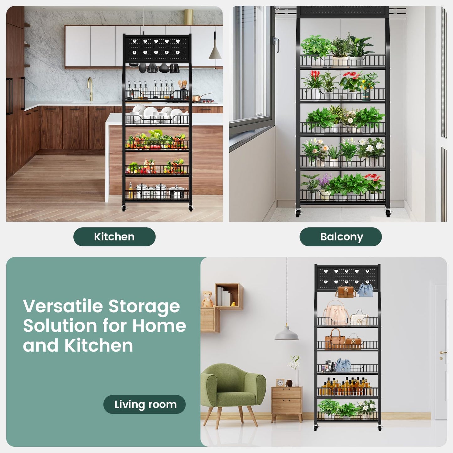 POIUNA 65" 5 Tier Snack Rack Display Stand with Hooks & Wheels, Metal Retail Display Shelf for Chips, Snacks, Candy, Metal Snack Shelf for Store Home Kitchen Store Organizer (60cm-black)