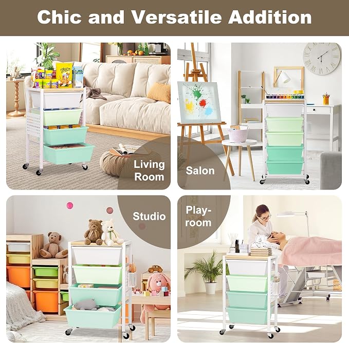 Rolling Cart with Drawers, Rolling Storage Cart with Large Plastic Drawers & Wooden Tabletop, Utility Cart with Pegboards & Basket, Storage Drawers Cart for Living Room, Classroom, Bedroom, Office