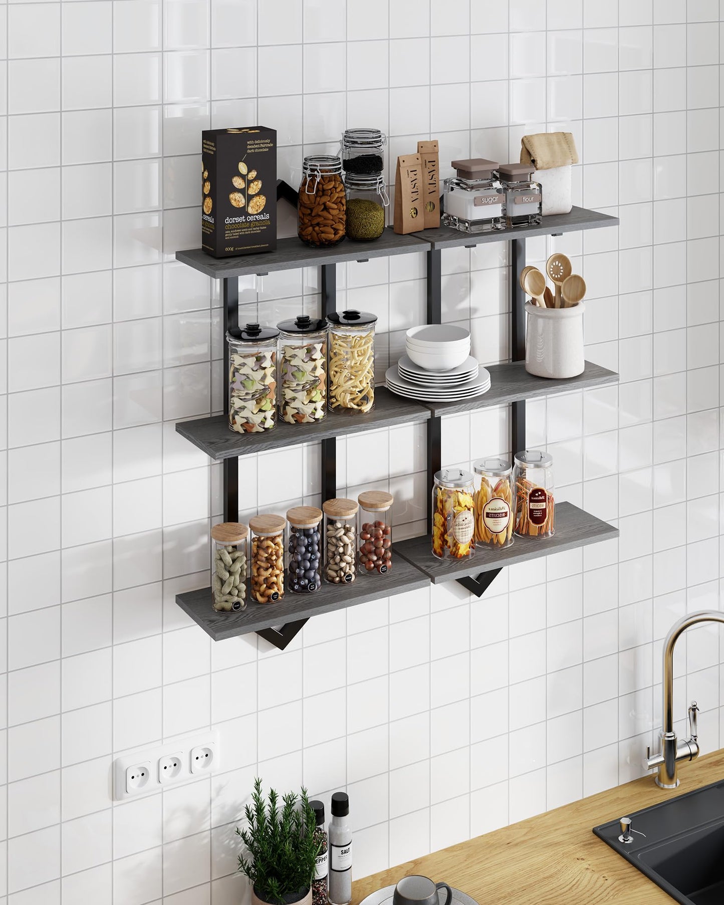 Forjarn 3 Tier Floating Shelves, Set of 2 Wall Shelves for Living Room, Modern Geometric Wooden Shelf for Wall Decor, Hanging Storage Shelf for Bedroom Bathroom Kitchen Home Office (Greige + Black)