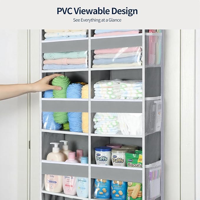Yecaye Over The Door Organizer, 6 Tier Extra Large Behind Door Storage of 12 Compartments, 80lbs Heavy Duty Door Organizer Hanging with Clear Window for Closet Bedroom Pantry Bathroom, Grey