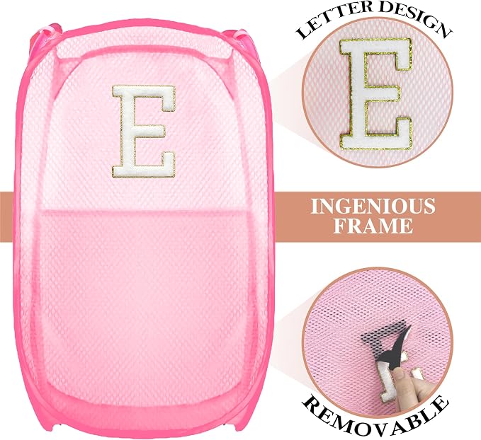 Collapsible Pop Up Laundry Hamper, Extra Large with Removable Initial Letter E, Mesh Foldable Laundry Basket, 28" x 16" x 16" (Pink)