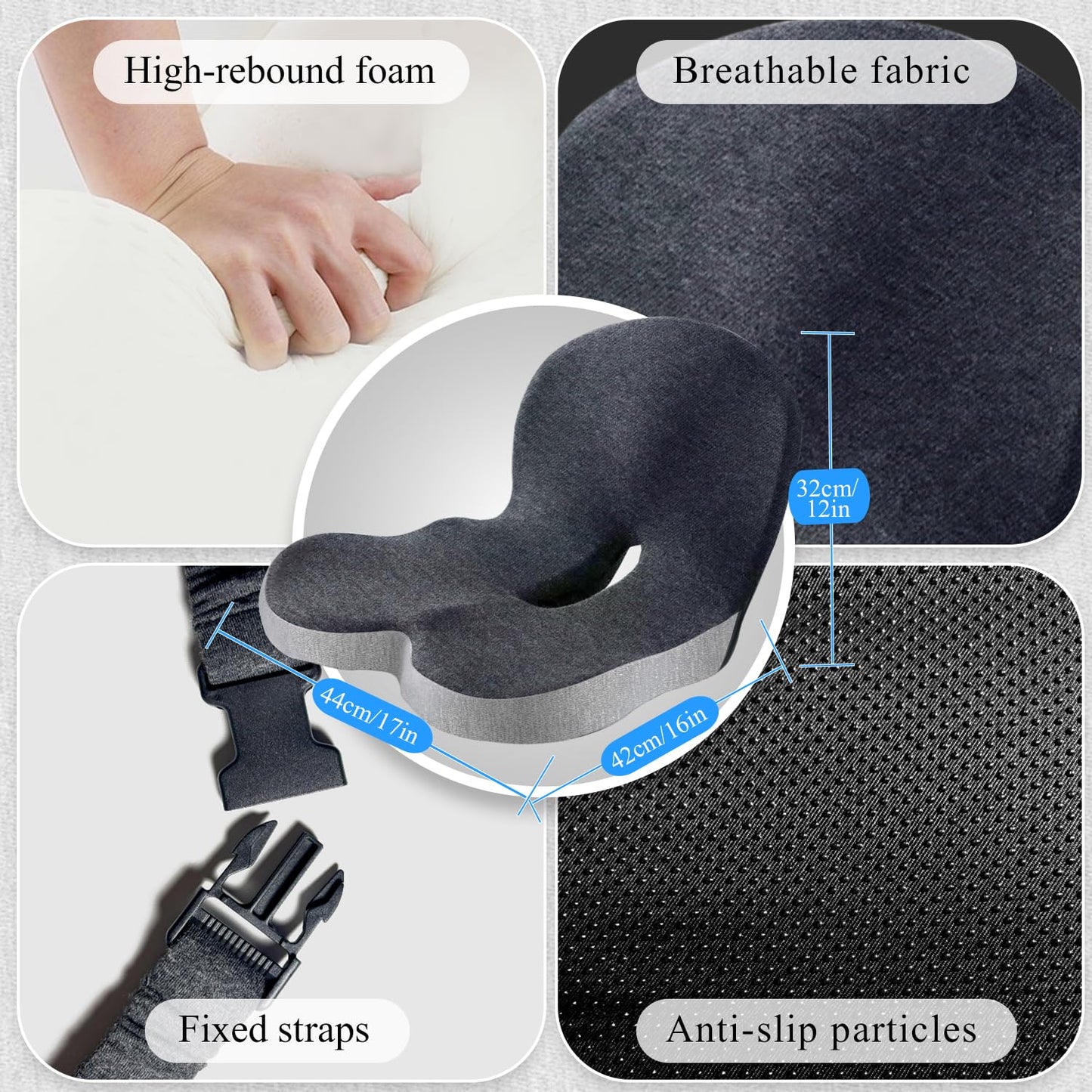 Ergonomic Seat Cushion with Adjustable Strap, Memory Foam Office Chair Seat Cushion with L-Shaped Design, Car Seat Cushion Fits for Truck Driver Semi Truck, Gaming Chair, Desk, Light&Dark Gray