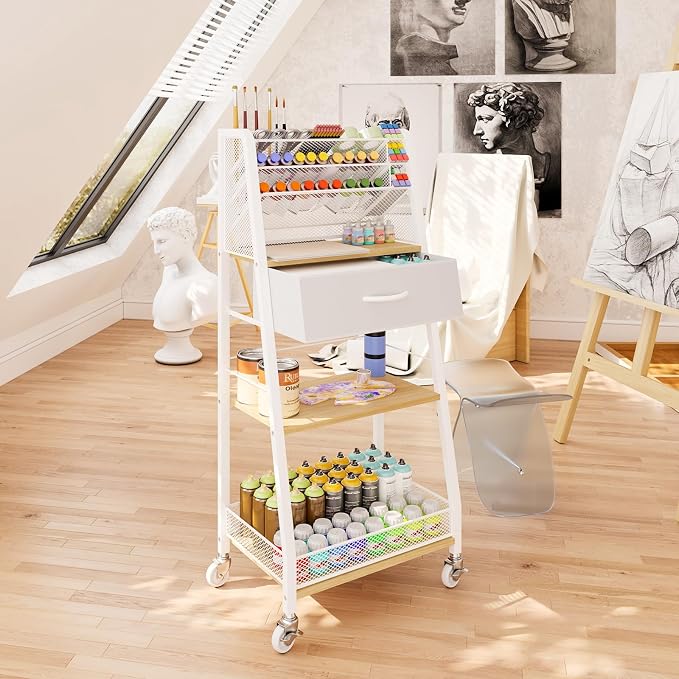 Homsorout 3 Tier Rolling Cart - Metal Utility Cart with Storage Drawer and Wheels, Versatile Art & Craft Organizer for Home, Office, or Studio - Ideal for Storing Brushes, Paints, and Supplies（Maple）