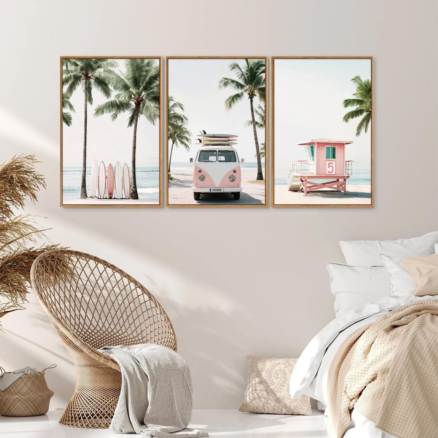 KYLESONLIE Tropical Beach Themed Framed Canvas Wall Art, Pastel Girly Surfboard Wall Decor, Relaxing Hawaii Palm Tree Posters, Coastal Beachy Art Paintings for Girls Bedroom Living Room Dorm 16"x24"x3