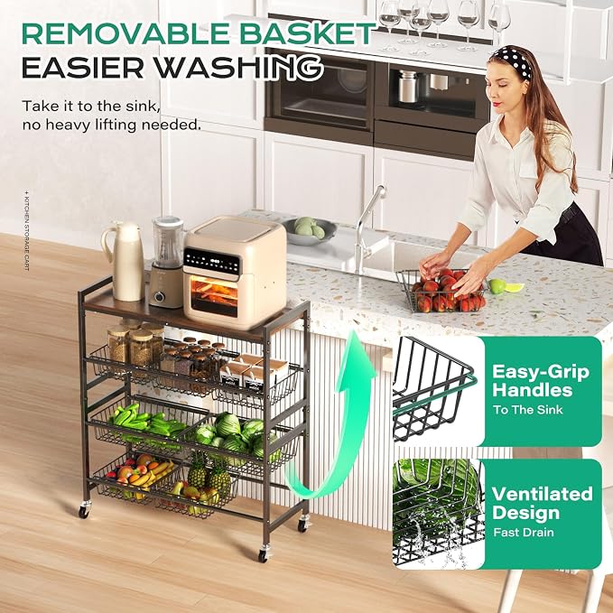 Cinati 4-Tier Utility Kitchen Cart with Wood Top, 29" W Kitchen Storage Cart with 8 Baskets & Handle, Metal Snack Cart with Wheels, Adjustable Pantry Organizer and Storage Cart for Fruit, Vegetables