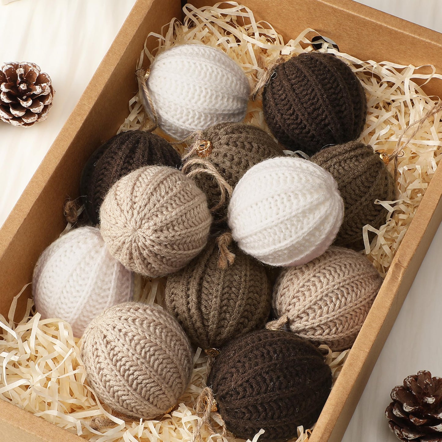 VioraWhite 12 Pcs Neutral Christmas Ornaments, 2.36 Inch Brown Crochet Christmas Balls Modern Rustic Handmade Knitted Woven Cotton Baubles for Xmas Tree Farmhouse Holiday Decor