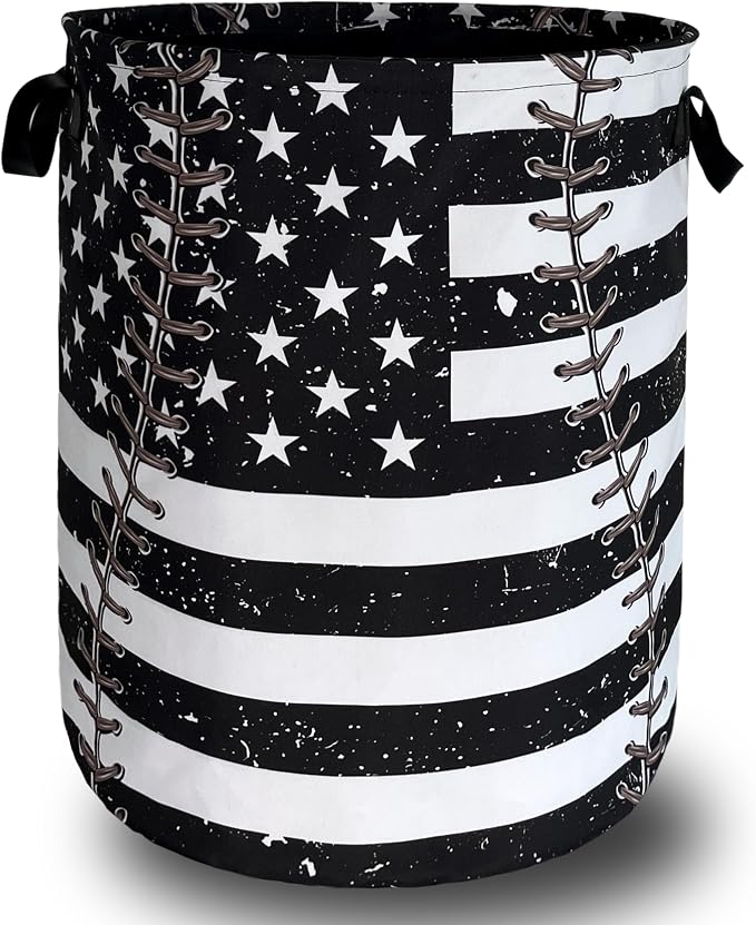 Baseball Textures Laundry Basket Foldable Oxford Cloth American Flag Laundry Hamper With Handle Portable Clothes Storage Organizer Basket 18.9X16.5 Inch Storage Bag For Laundry Room/Bathroom/Bedroom