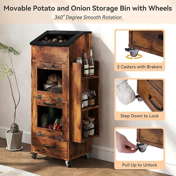 Verano Garden Potato and Onion Storage Bin on Wheels, Wood Bread Box with Lid & Mesh Doors, 4-Tier Rolling Fruit and Vegetable Storage Organizer w/Drawer & Side Rack for Kitchen (Rustic Brown, 16.0")