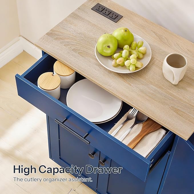 HOOBRO Kitchen Island with Power Outlet, Kitchen Storage Island with Spice Rack and Drawer, Rolling Kitchen on Wheels, for Home, Dining Room, Natural and Blue UN82UZD01G1