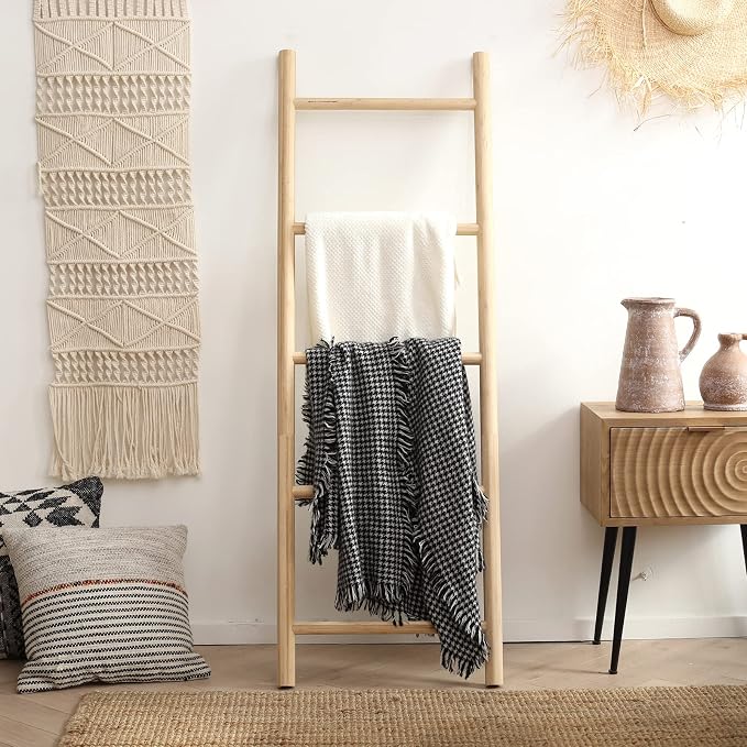 FUIN Fully Assembled 57in Bamboo Blanket Ladders Living Room Wood Decorative Wall Leaning Farmhouse Quilt Display Holder Rustic Wooden Towel Rack for Bathroom, Unfinished