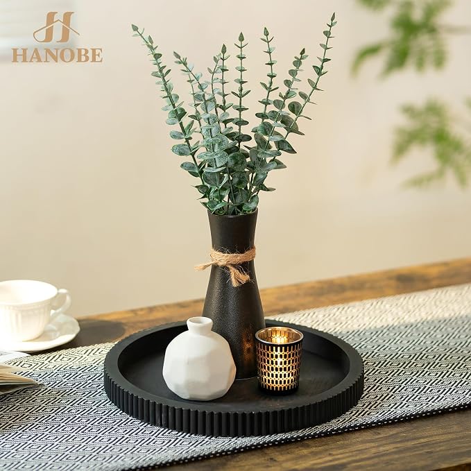 Hanobe Decorative Tray for Coffee Table: 12" Black Round Centerpiece Tray for Home Decor - Wood Modern Farmhouse Decor for Living Dining Room Kitchen Island Tabletop