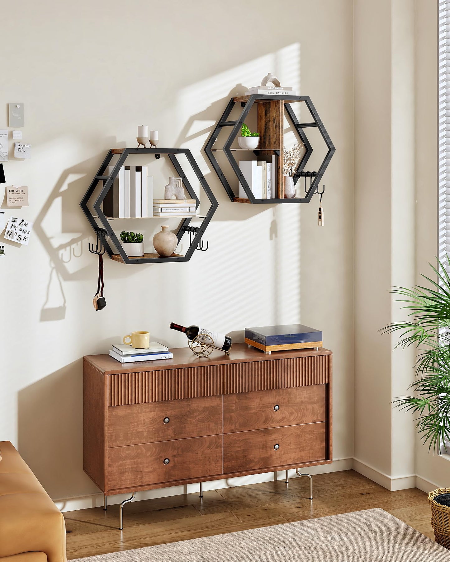 CHOEZON Hexagon Floating Shelves Set of 2, 18.9" Glass Hanging Shelves for Wall Decor, Wall Storage Rack and 12 S-Hooks, for Living Room, Bedroom, Office, Game Center, Rustic Brown TBJ08BF