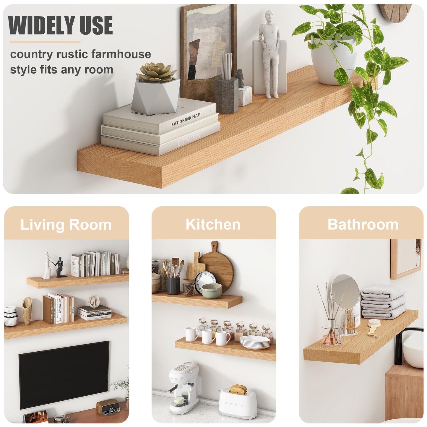 Floating Shelves for Wall, USA-Sourced Oak Wood 48 Inch Long Wall Shelves, Natural Wooden Wall Mounted Picture Ledge Shelf, Nursery Book Storage Shelf Kids Bookshelf, Display Shelf for Bathroom