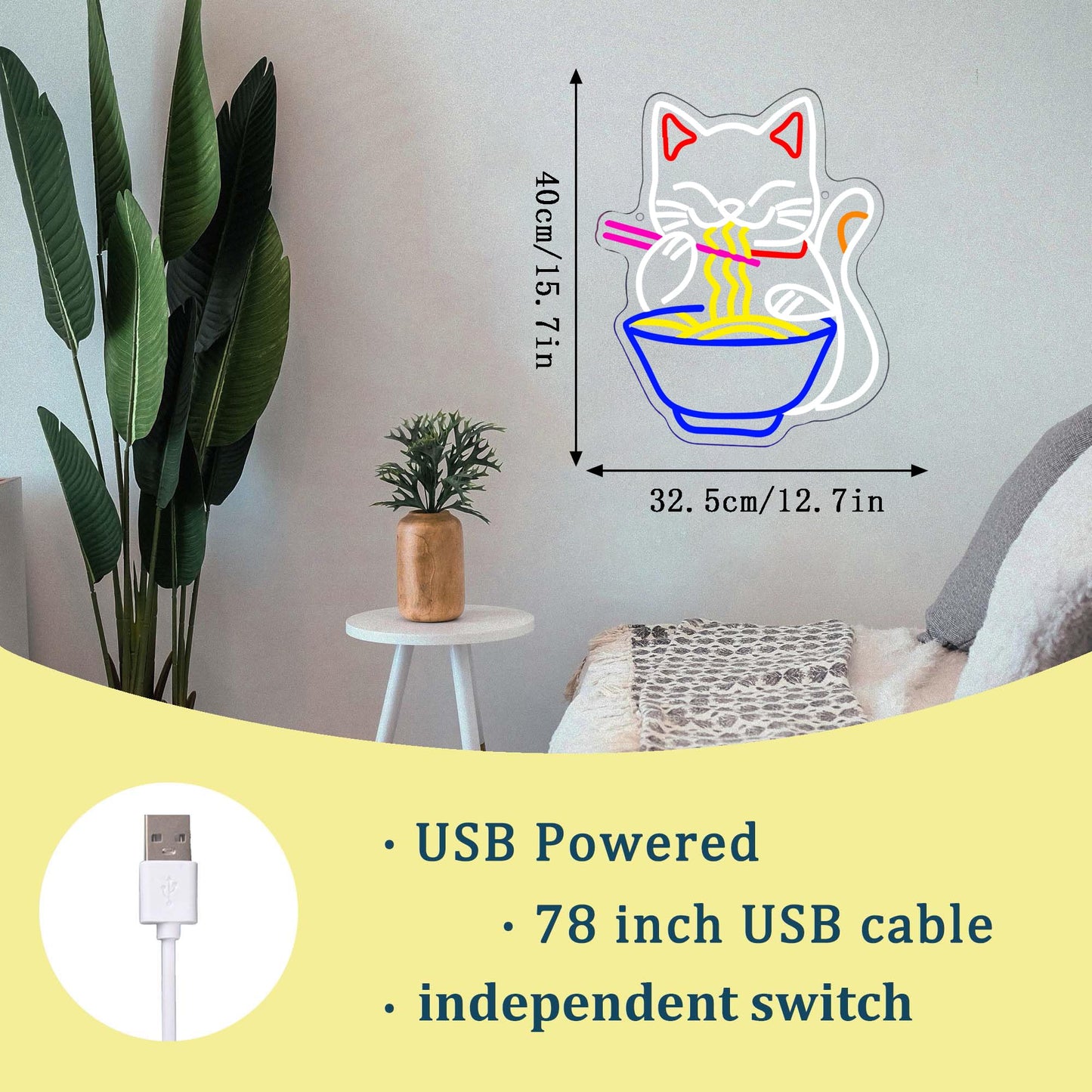 Fortune Cat Ramen Neon Sign, Dimmable Japanese Lucky Cat Noodle LED Neon Sign for Wall Decor, USB Powered for Restaurant Bar Party Bedroom Birthday Gifts(15.7 * 12.7in)