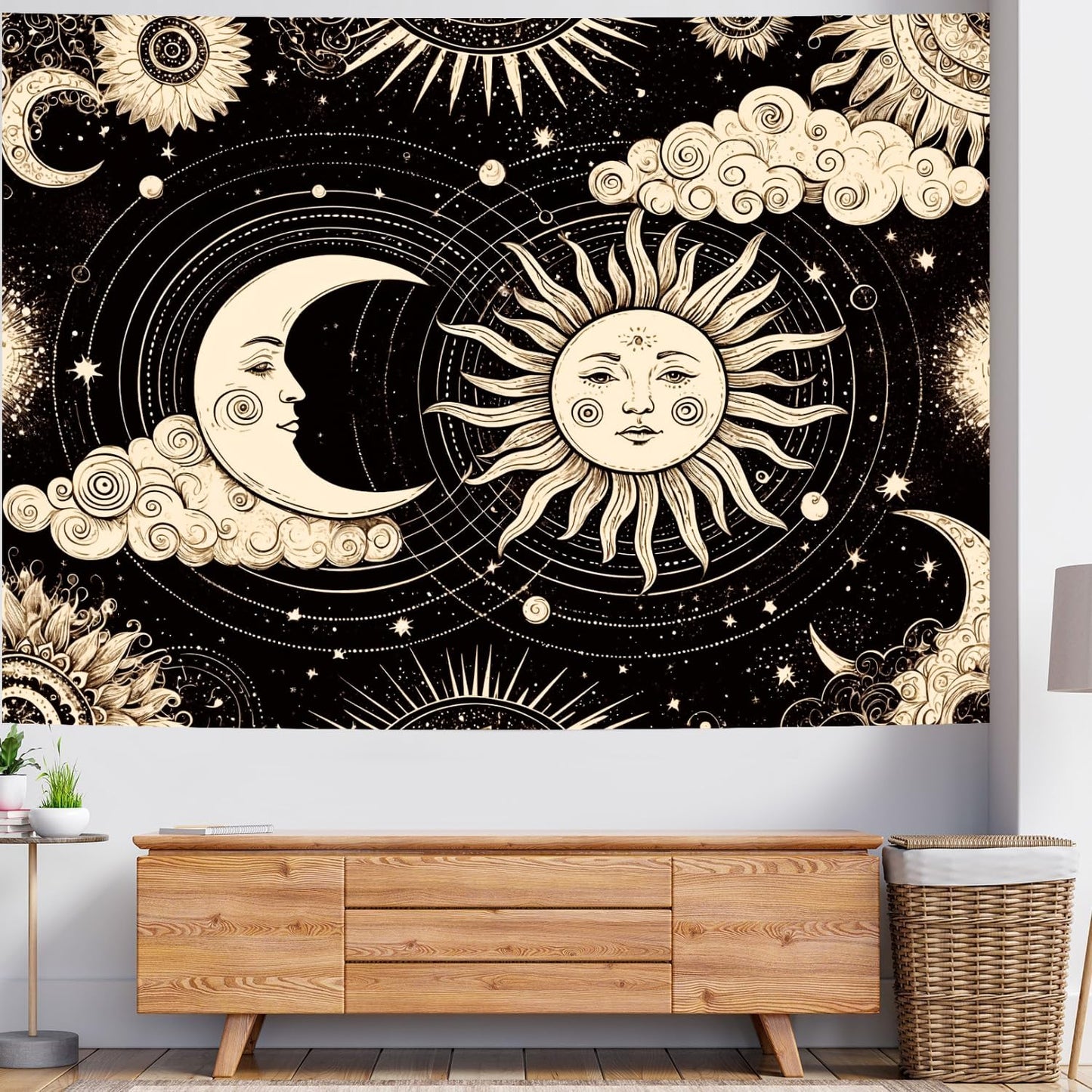 Delur Sun and Moon Tapestry Black Dark Boho Spiritual Burning Sun Tapestry Wall Hanging Mystic Aesthetic Cloud Abstract Star Psychedelic Headboard for Bedroom Living Room Home Decor (51.2" x 59.1")