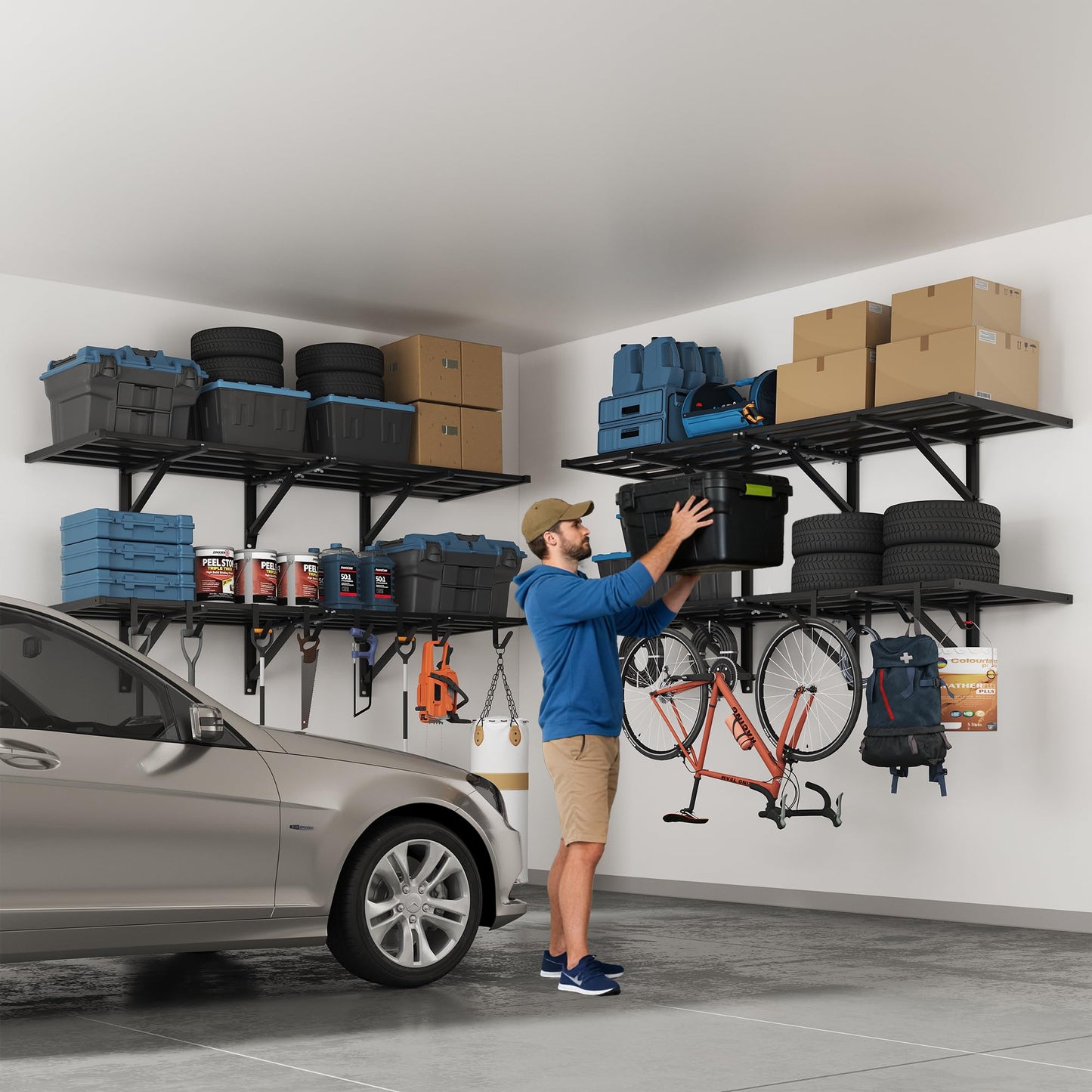FLEXIMOUNTS 4-Pack 2x6ft Heavy Duty Garage Wall Shelving, 1200lbs Capacity, Garage Shelving Wall Mounted with 8 Hooks, Storage for Power Tools, Garden Supplies, Storage Bins, Lite Series