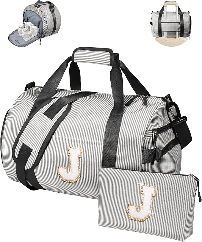 Teen Girls Birthday Gifts, Girl Gym Bag, Kids Monogram Overnight Duffel Bags with Shoe Compartment, Personalized Travel Bag with Makeup Pouch, Cute Stuff for Sister Daughter (Letter J)