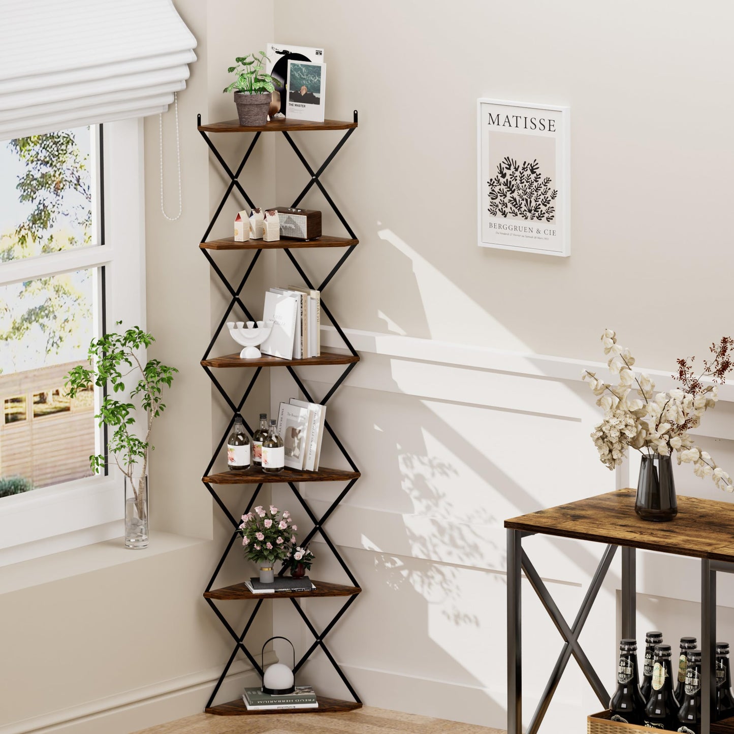 IRCPEN 6 Tier Wall Mounted Corner Shelf Stand, Industrial Corner Bookshelf with X Metal Frame, Tall Standing Shelf Organizer, Bookcase, Plant Stand for Living Room, Bedroom Rustic Brown CS-006RB