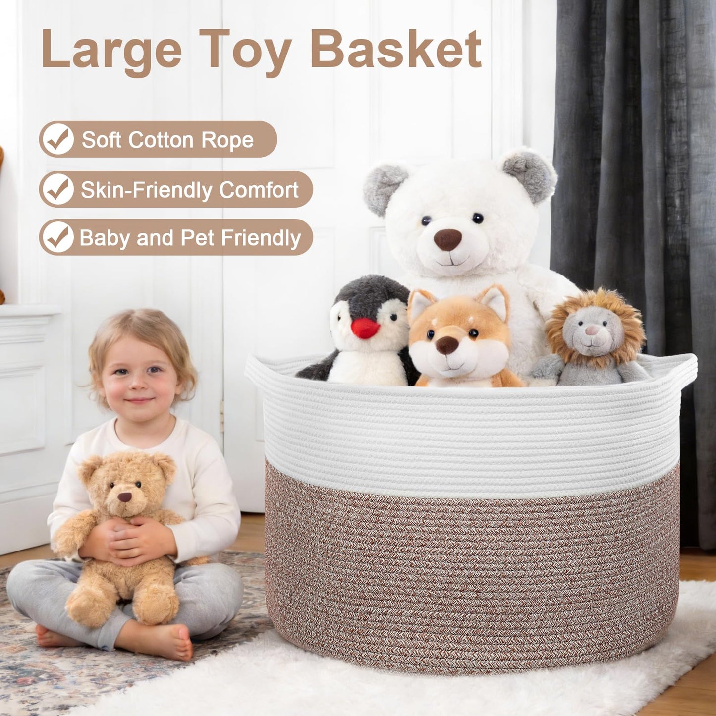 90L Extra Large Blanket Basket for Living Room - Cotton Rope Laundry Hamper Woven Baskets XXL Storage Bin with Handles for Dirty Clothes, Kids, Pets, Toys, Bedroom, 23'' x 23'' x 13'', White & Brown