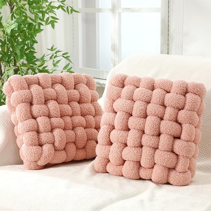Wenqik 2 Pcs Knot Pillows Square Knotted Plush Throws Soft Accent Pillows Decoration Cushion for Couch Home Office Living Room Bedroom Bed Sofa Decor, 12'' x 13''(Pink,Lambswool)