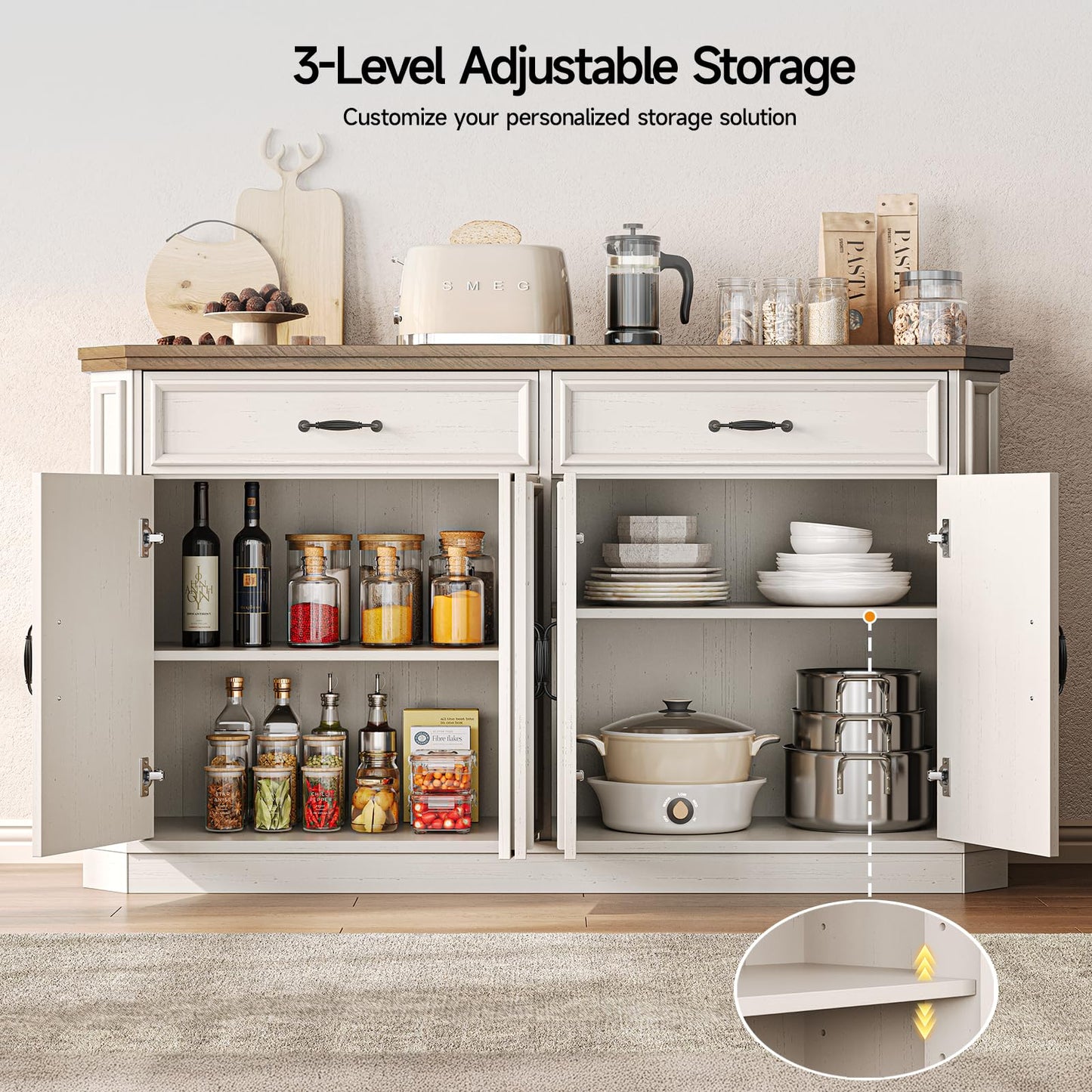 ONBRILL 55" Sideboard Buffet Cabinet with 2 Storage Drawers & 4 Doors, Modern Kitchen Sideboards and Buffets with Adjustable Shelves, Wood Coffee Bar Cabinet for Living Room, Entryway, Off-White