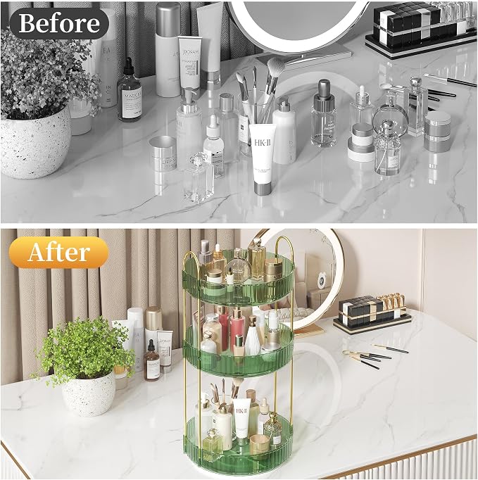 Rotating Makeup Organizer Countertop,Skincare Organizers,Spinning Perfume Tray Stand,Makeup Storage Organizer for Vanity,Bathroom Organizer and Storage,Lazy Susan,3 Tier,Green