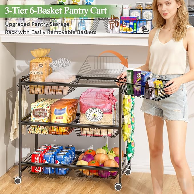 3-Tier Rolling Pantry Floor Organizer Cart with 6 Detachable Baskets, Metal Wire Fruit Basket Stand with Wheels, Kitchen Storage Cart for Fruit Vegetables, Snack Cart for Pantry Kitchen Living Room