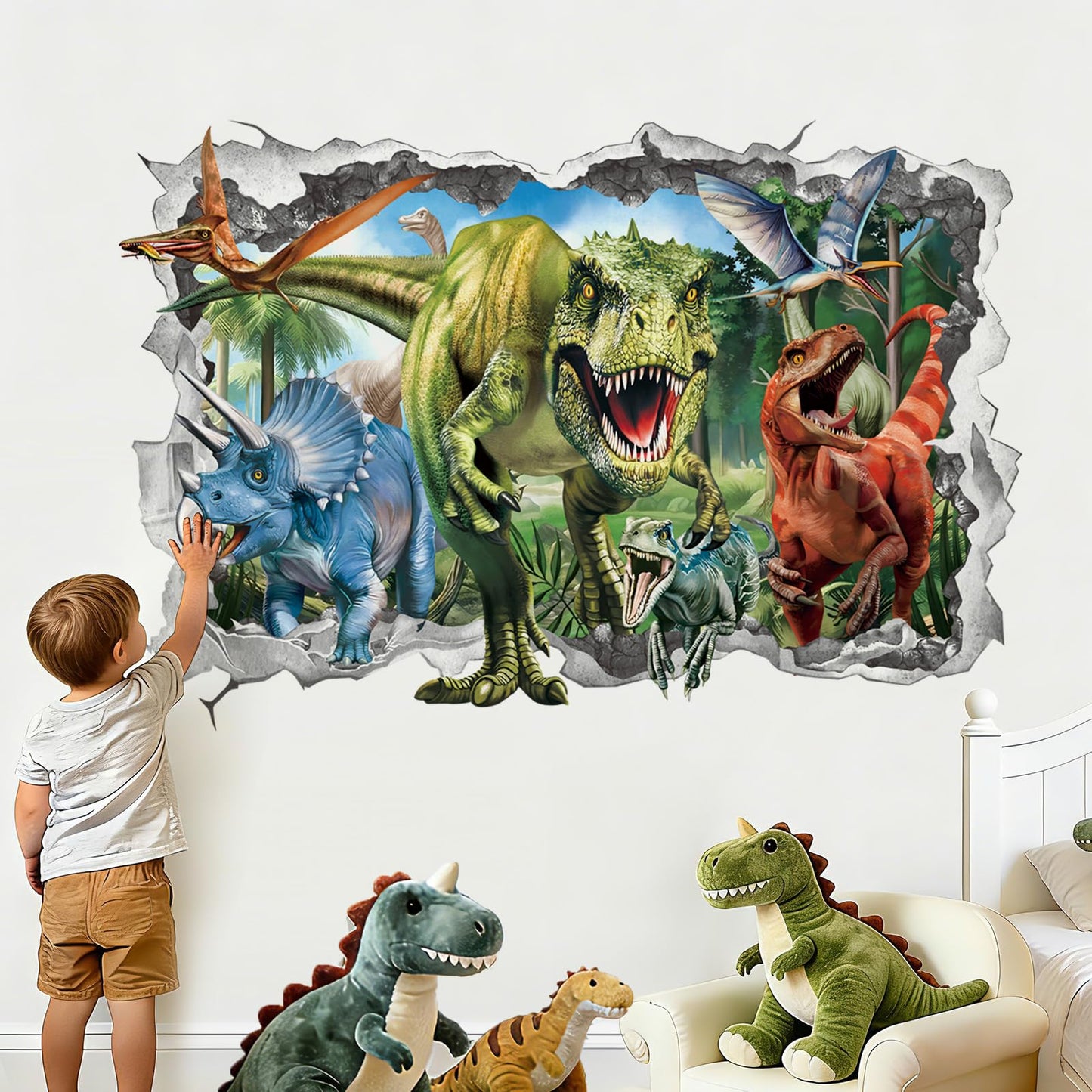 wondever 3D Large Dinosaur Wall Stickers Break Through Dino Jungle Dinosaur Peel and Stick Wall Art Decals for Boys Room Baby Nursery Kids Bedroom