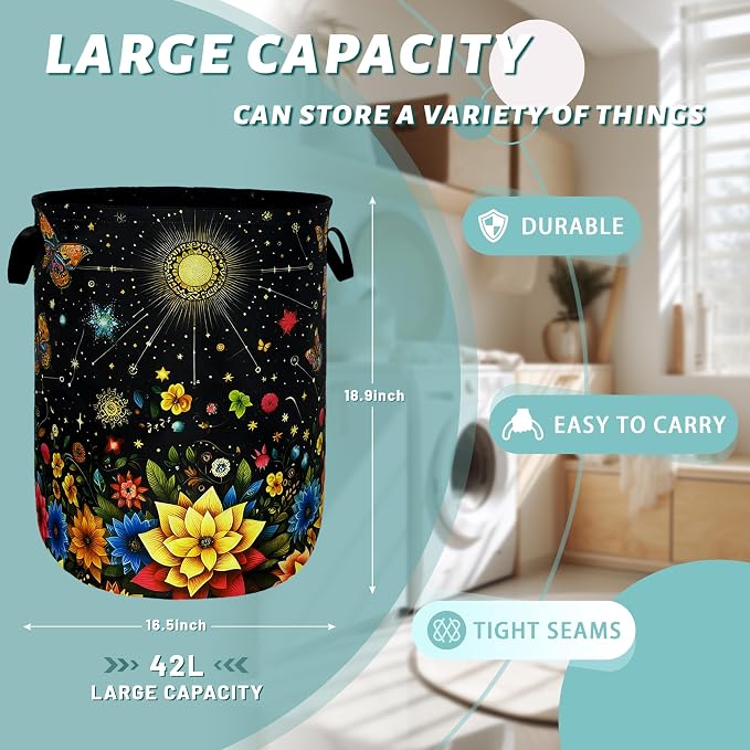 Colorful Flowers Butterfly Laundry Basket Moon Floral Laundry Hamper Foldable Oxford Cloth Beautiful Flower Tote Bag Clothes Toy Storage Bucket For Bathroom/Laundry Storage/Bedroom 18.9 x 16.5 Inch