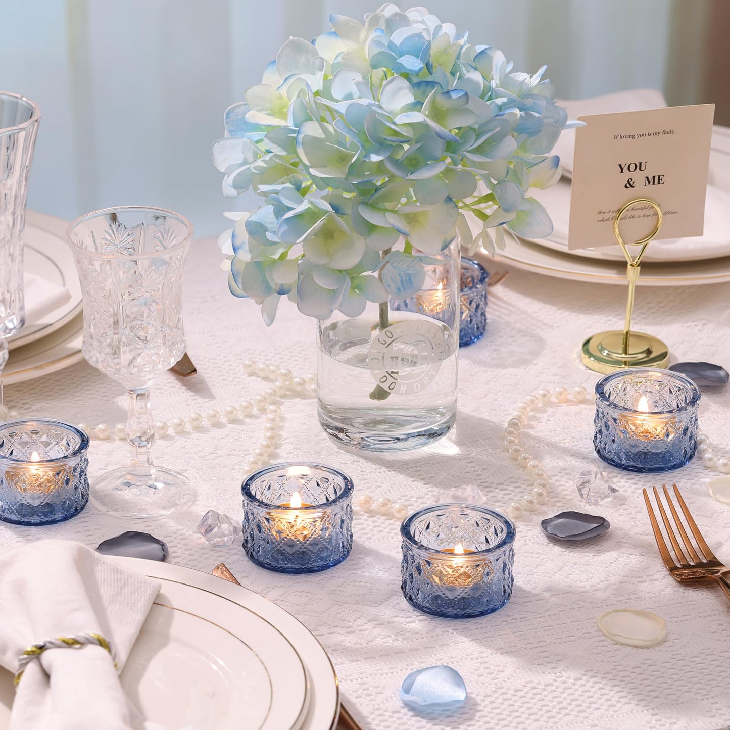 MATAHUM 24 Pack Blue Tealight Candle Holders, Diamond Glass Votive Candle Holders Bulk for Wedding Centerpieces, Beach Theme Bridal Shower, Baby Boy Shower, Birthday Party Decor