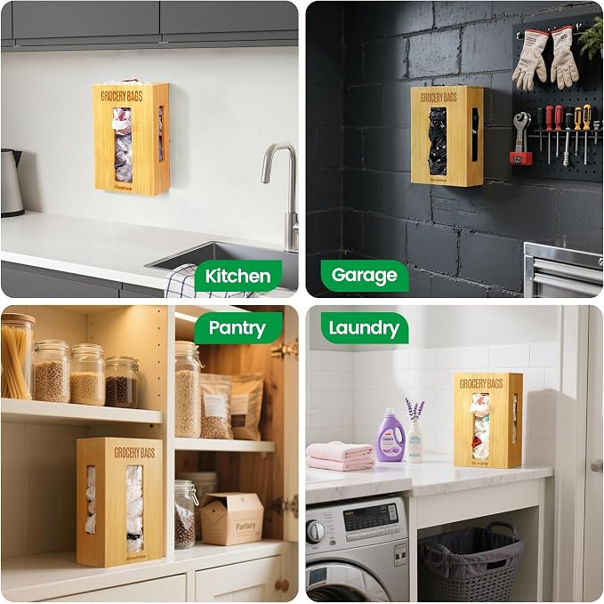 Libreshine Extra Large Bamboo Grocery Bag Holder for Plastic Bags, Under Sink Cabinet or Wall Mounted Organizer, Space-Saving Bag Dispenser for Kitchen, Pantry, Laundry Room, Garage