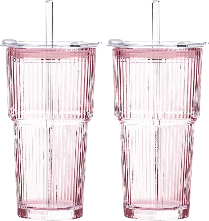 GOSCHE 20oz Iced Coffee Cups with Lids, Glass Cups with Lids and Straws, Thickened Glass Tumbler Set Ideal for Latte, Juices, Cocktails and Beverage, Pink, 2 Pack