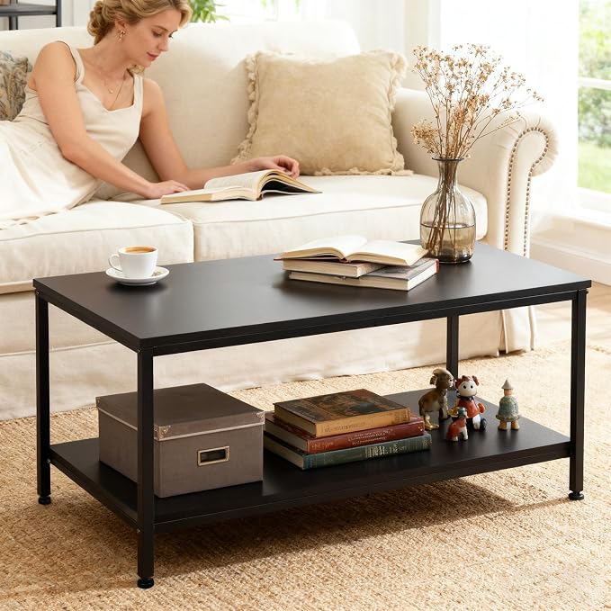 SUPER DEAL 2-Tier Coffee Table with Storage Shelf for Small Apartment Living Room, Rectangle Wood and Stable Metal TV Stand Side End Table, Black