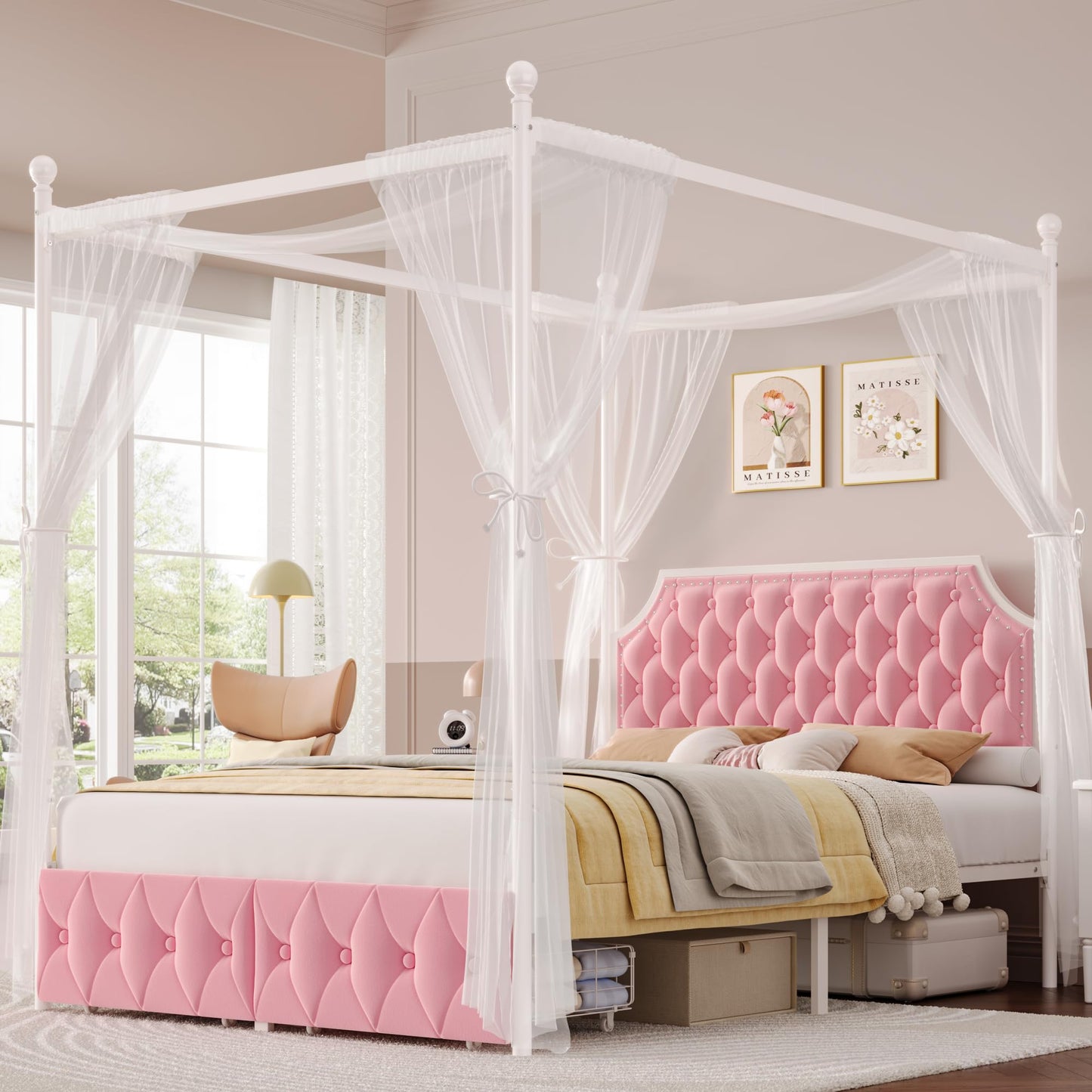 Keyluv Full Upholstered Canopy Bed Frame with 2 Storage Drawers & Button Tufted Headboard, Metal Platform Bed with 4 Removable Posts, Two-Purpose Velvet Bed, Pink/Curtain Not Included