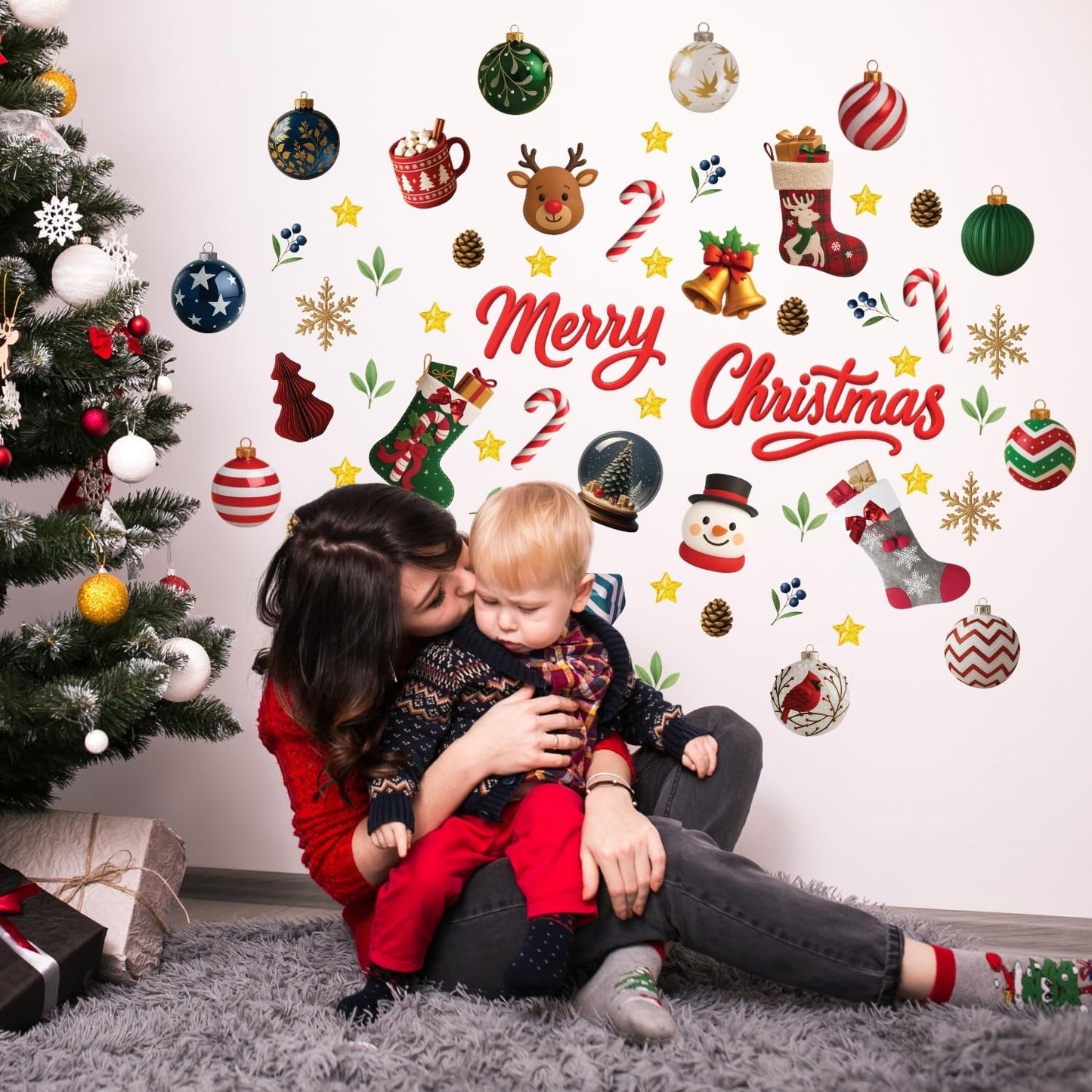 WALPLUS Christmas Decorations for Home Indoor Wall Stickers Wall Murals Decals Living Room Children Nursery Restaurant Cafe Hotel Home Decor Holly Jolly
