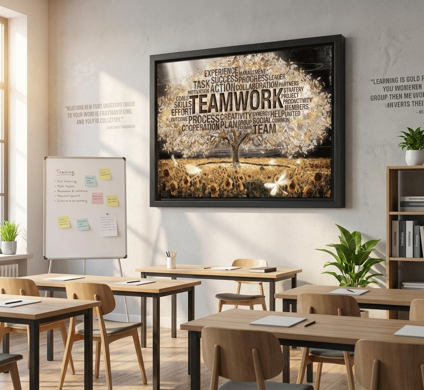 Framed Teamwork Tree Canvas Wall Art Inspirational Office Wall Decor Picture Motivation Positive Quotes And Sunflower Poster Print Painting for Living Room Bedroom Classroom Home Decoration