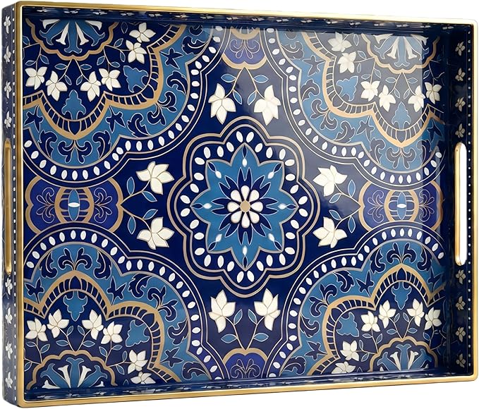 Decorative Serving Tray with Handles - 15.7" x 11.8" Blue Mandala Pattern Rectangular Plastic Platter - Boho Coffee Table Tray for Ottoman, Breakfast in Bed & Living Room Decor