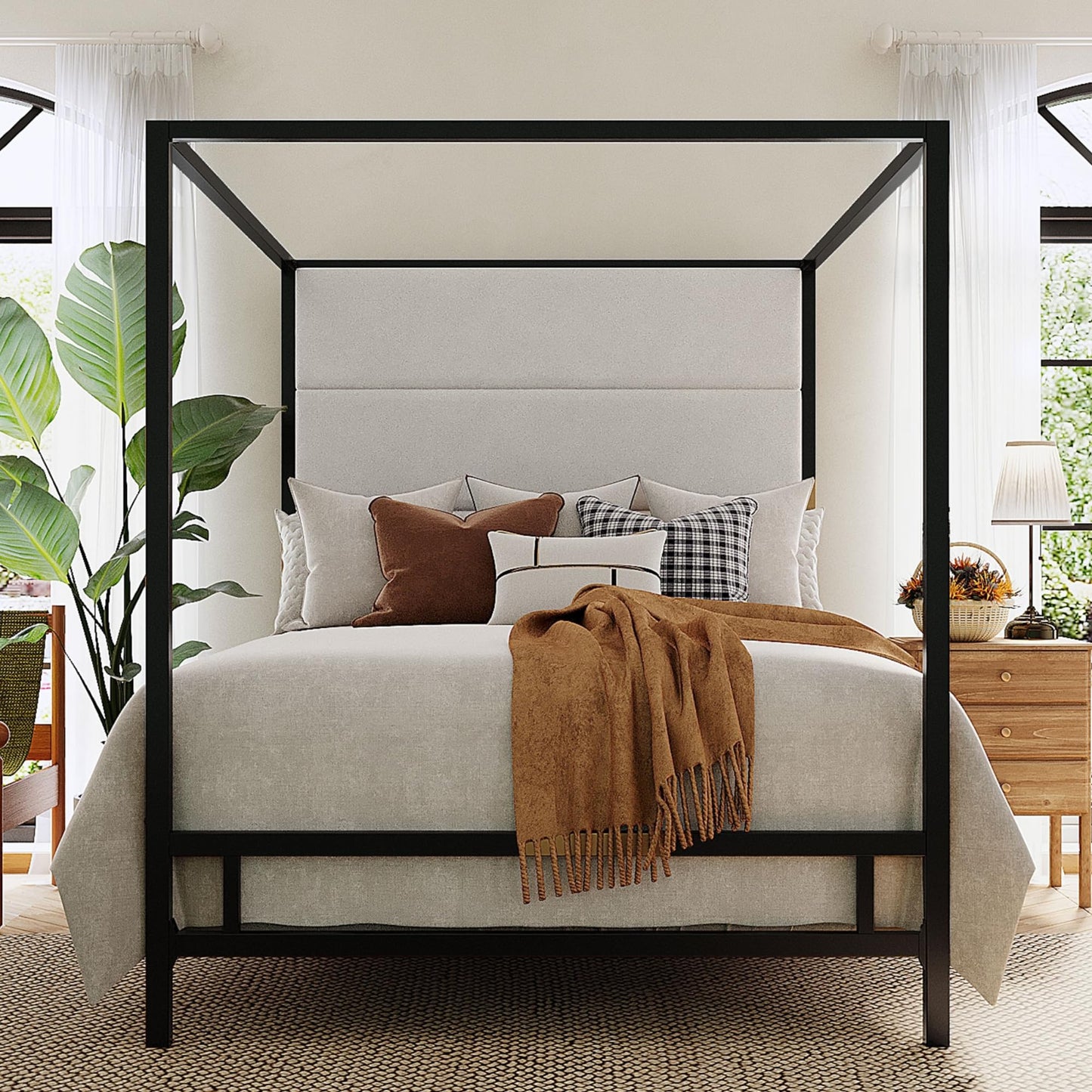 Merax Queen Size Metal Canopy Bed Frame, Modern Tall Upholstered Velvet Headboard, Black 4-Poster Bed with 800 lbs Capacity, Box Spring Required Easy Assembly for Bedroom, Black+White