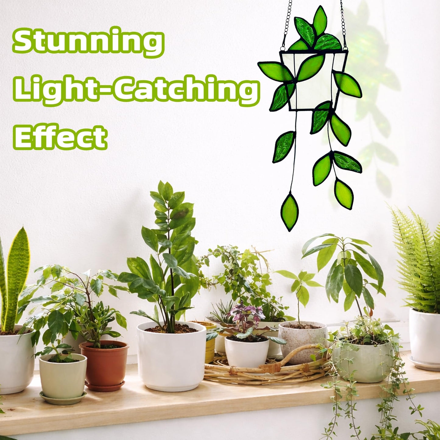 Plant Stained Glass,Stained Glass Window Hanging,Real Handmade Suncatcher,Artificial Green Plants Decor for Women Mom Grandma Plant Lovers,Sun Catcher for Home Windows