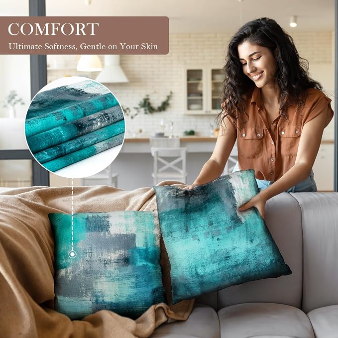 Teal and Gray Throw Pillow Covers,Set of 4 20 x 20 Inch Turquoise Modern Abstract Art Artwork Decorative Pillow Cushion Covers for Couch Bedroom Living Room