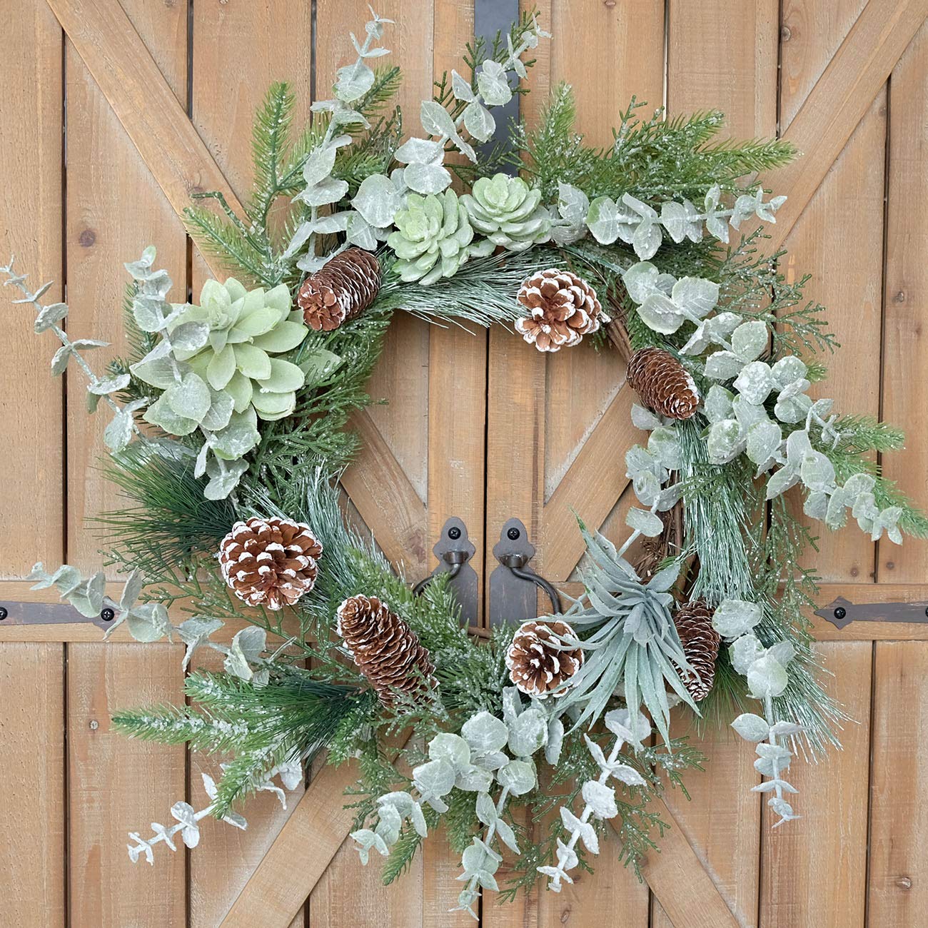 Idyllic 22 Inch Greenery Winter Wreath with Snowy Pine Cones and Succulent Plants - Large Christmas Wreath for Front Door, Rustic Farmhouse Pine Wreath for Indoor Outdoor Decor