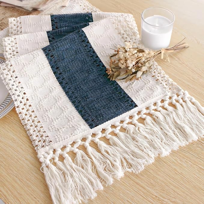 FEXIA Boho Blue Table Runner 60 Inches Long with Tassels Macrame Farmhouse Summer Style Graduation Party Rustic Wedding Baby Shower Dining Kitchen Living Room Decor (12x60 Inches)